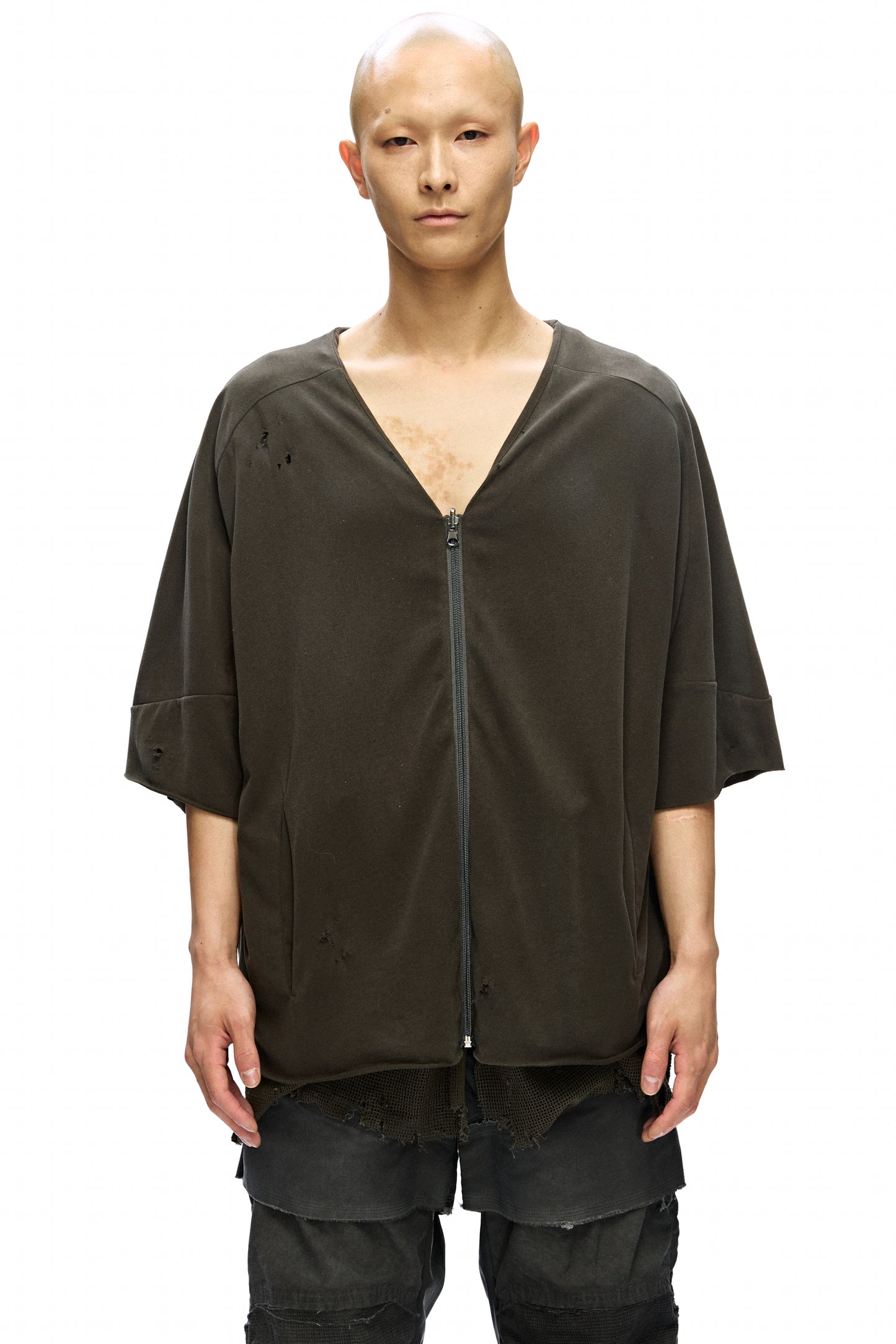 Mesmer Reversible Mesh-Paneled Distressed Cardigan