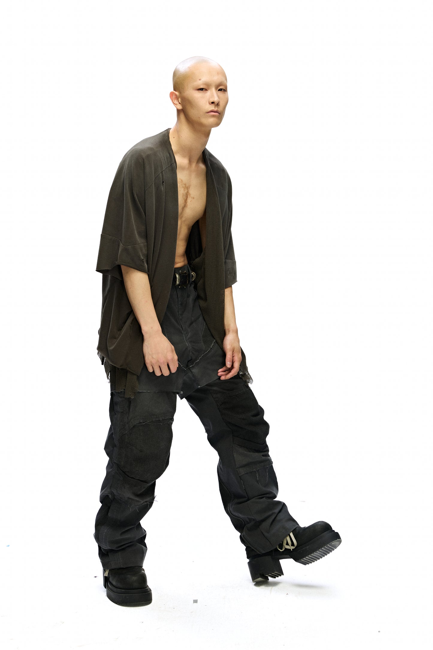 Mesmer Reversible Mesh-Paneled Distressed Cardigan