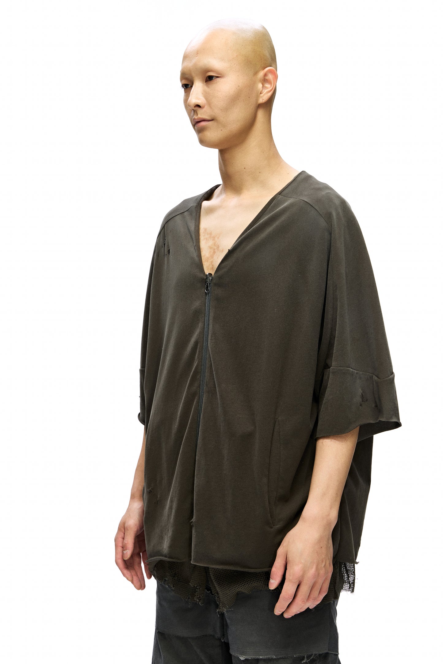 Mesmer Reversible Mesh-Paneled Distressed Cardigan