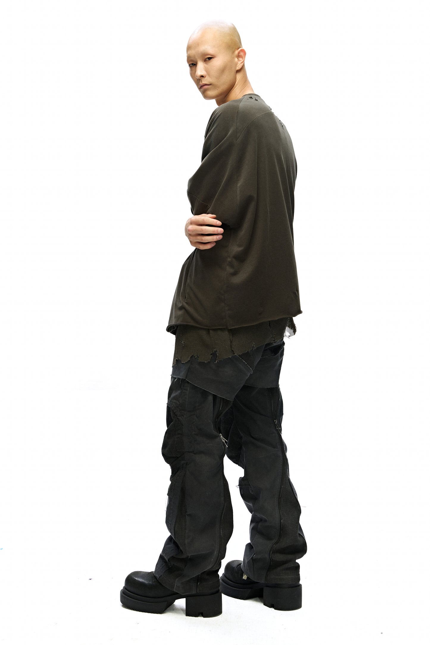 Mesmer Reversible Mesh-Paneled Distressed Cardigan